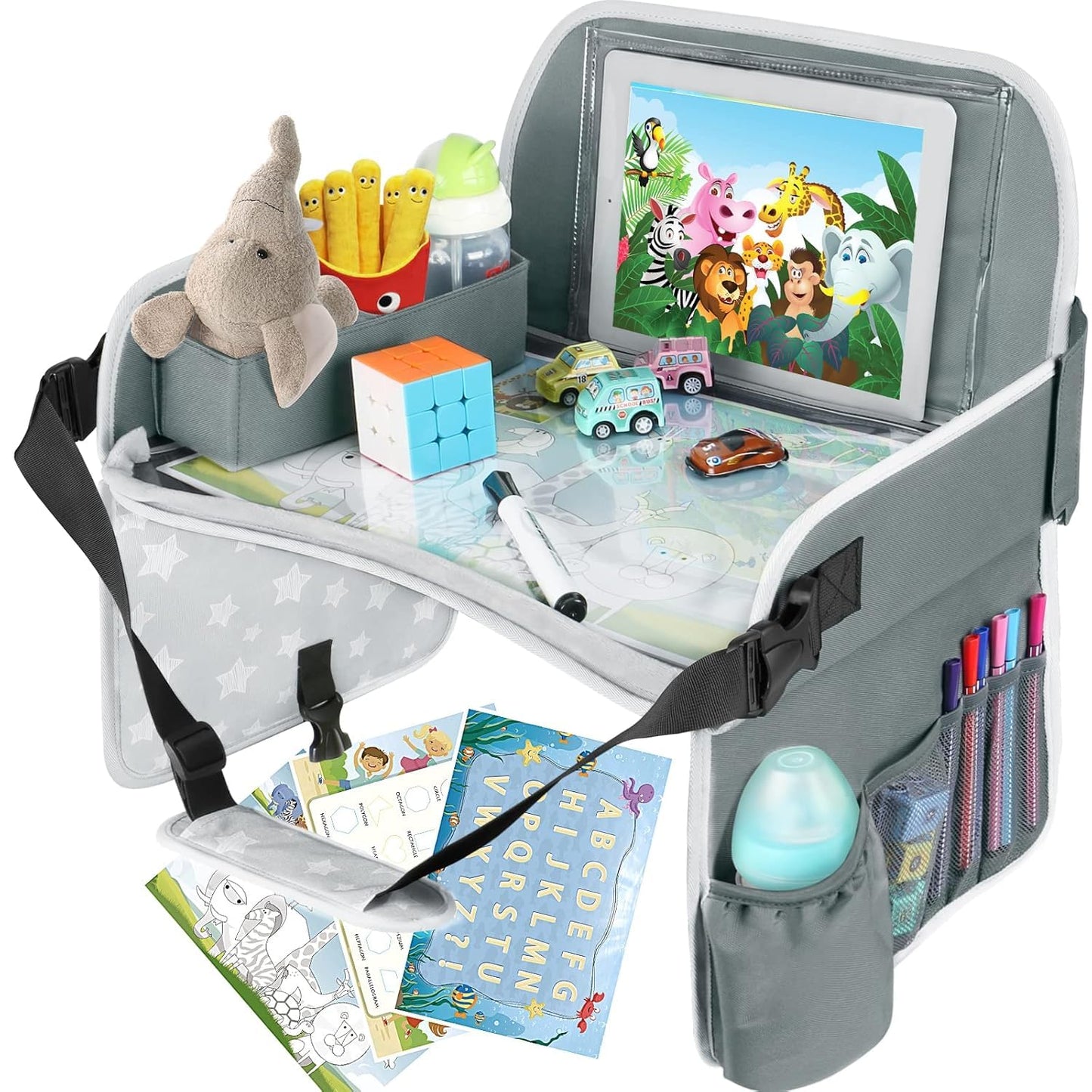 MENZOKE Kids Travel Tray for Toddler Car Seat, Road Trip Activities for Kids with iPad Holder Stand & Dry Erase Board, Road Trip Essentials Accessories Lap Tray as Travel Gifts for Kid, Pink