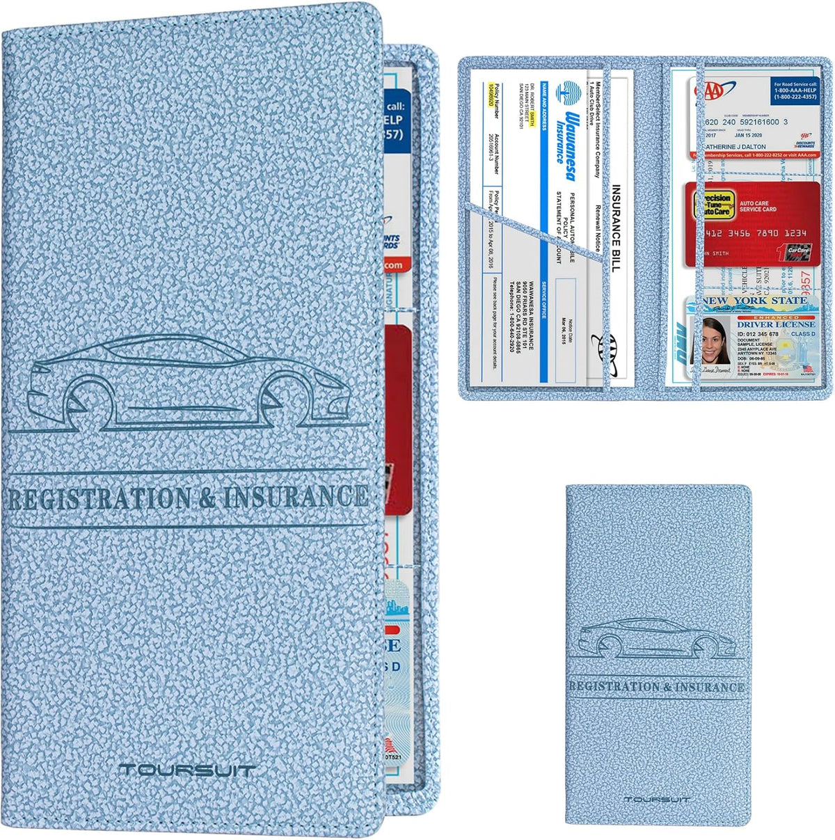 TOURSUIT Car Registration and Insurance Card Holder, Vehicle License Document Glove Box Compartment Organizer, Essential Car Wallet Case for Driver Auto Owners (Carbon Blue)