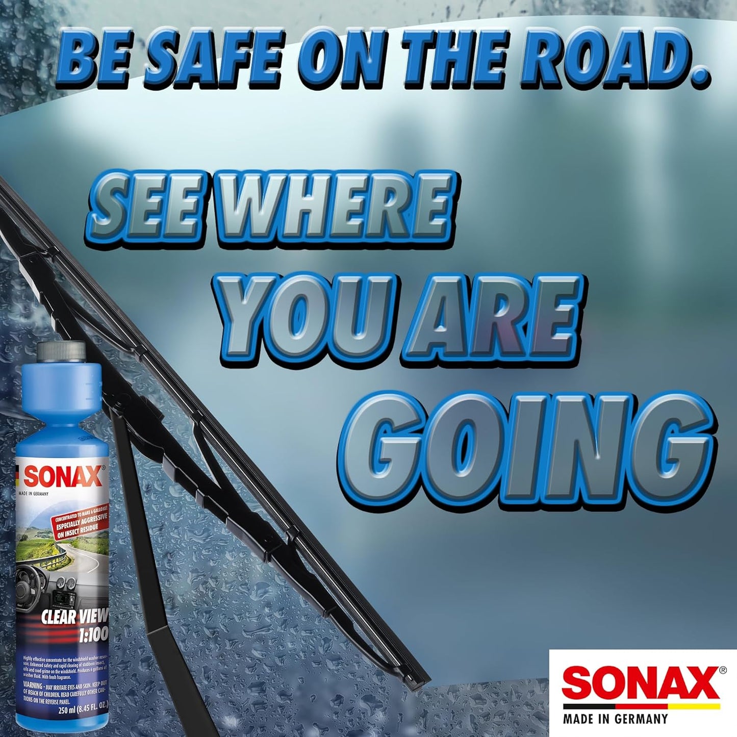 SONAX Clear View Concentrate 271141 | High-Performance Windshield Cleaner Concentrate | Remove Insects, Oil, Road Grime & Film | Streak-Free Phosphate-Free Formula | Makes 6 Gallons of Cleaner | 250ml