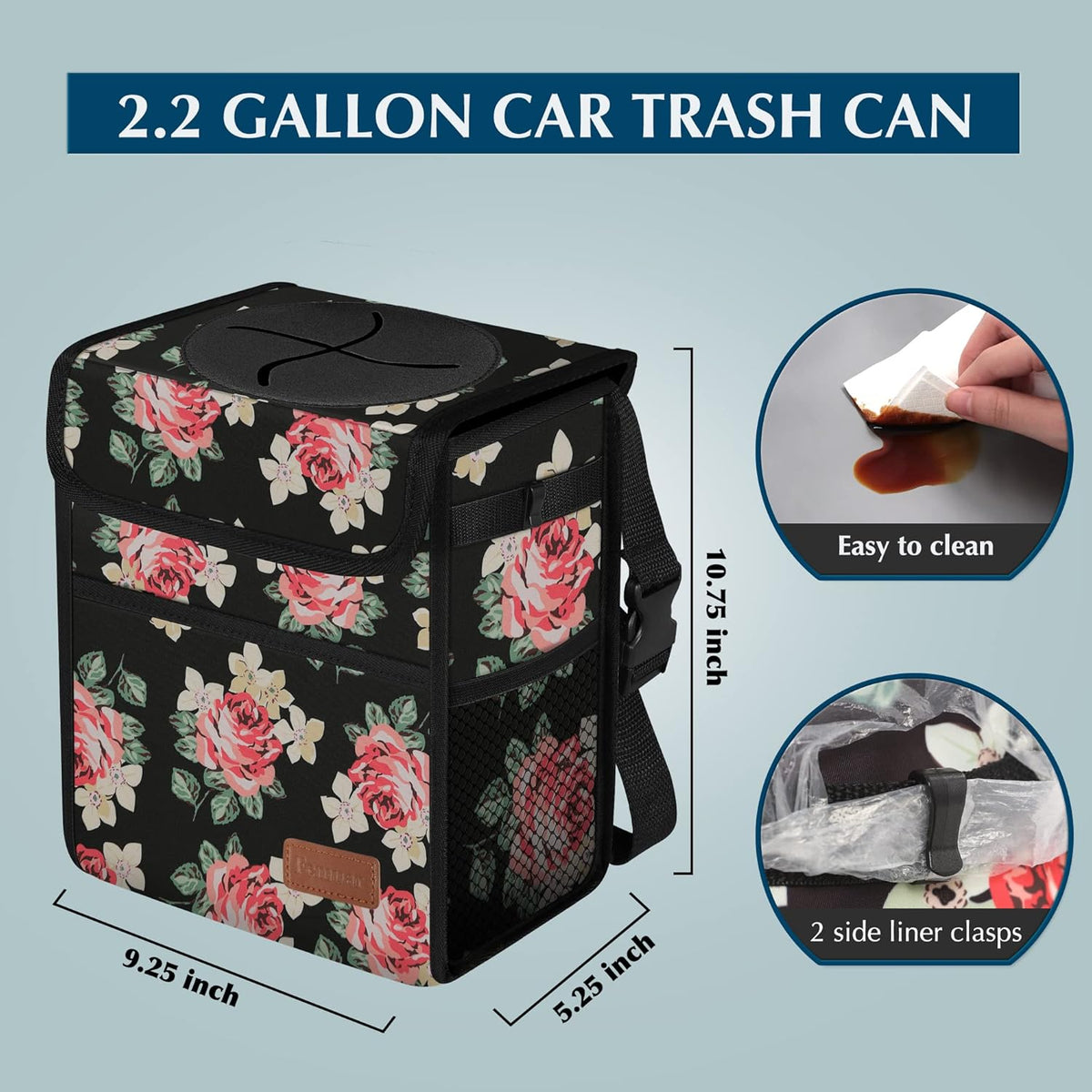 Femuar Leak Proof Car Trash Can with Lid - Waterproof Automotive Garbage Bin for SUVs, Collapsible and Portable Car Trash Bag, Black