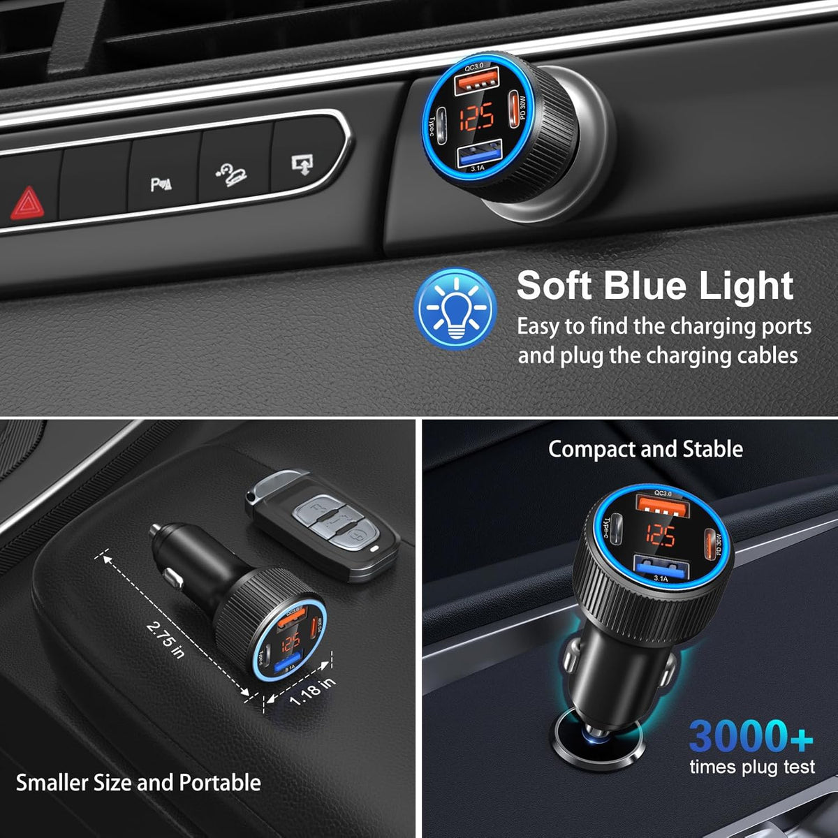 USB C Car Charger 3 Pack, Costyle 65W 4 Port Car Power Adapter with Voltmeter PD 30W/QC 3.0 Fast Charging Cigarette Lighter USB Charger Plug for iPhone 16/15/14/13/12/11 Pro Max/Pad,Android(Black)