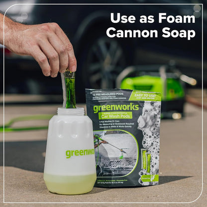 Greenworks Car Wash Pods, High-Foaming Biodegradable Car Soap, Water-Soluble Pre-Measured Pods, Streak-Free Finish, Amazing Scent, 12 Count