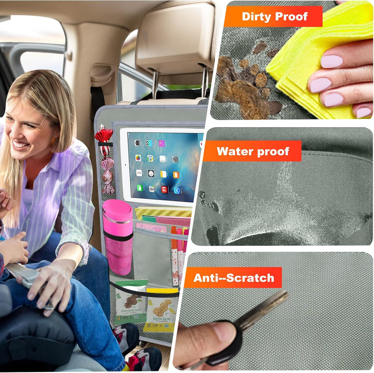 2Pack Car Backseat Organizer with Foldable Table Tray,6 Storage Pockets Car Storage Organizer with Tablet Holder,Car Seat Back Protectors Kick Mats Travel Accessories (Black)
