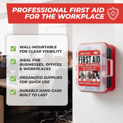 M2 BASICS 350 Piece Professional Wall-Mount First Aid Kit, Home, Business | Dual-Layer Hard Case, Office, Warehouse, Jobsite, Garage, Vehicle, Workplace Safety, Classroom And Emergency Readiness