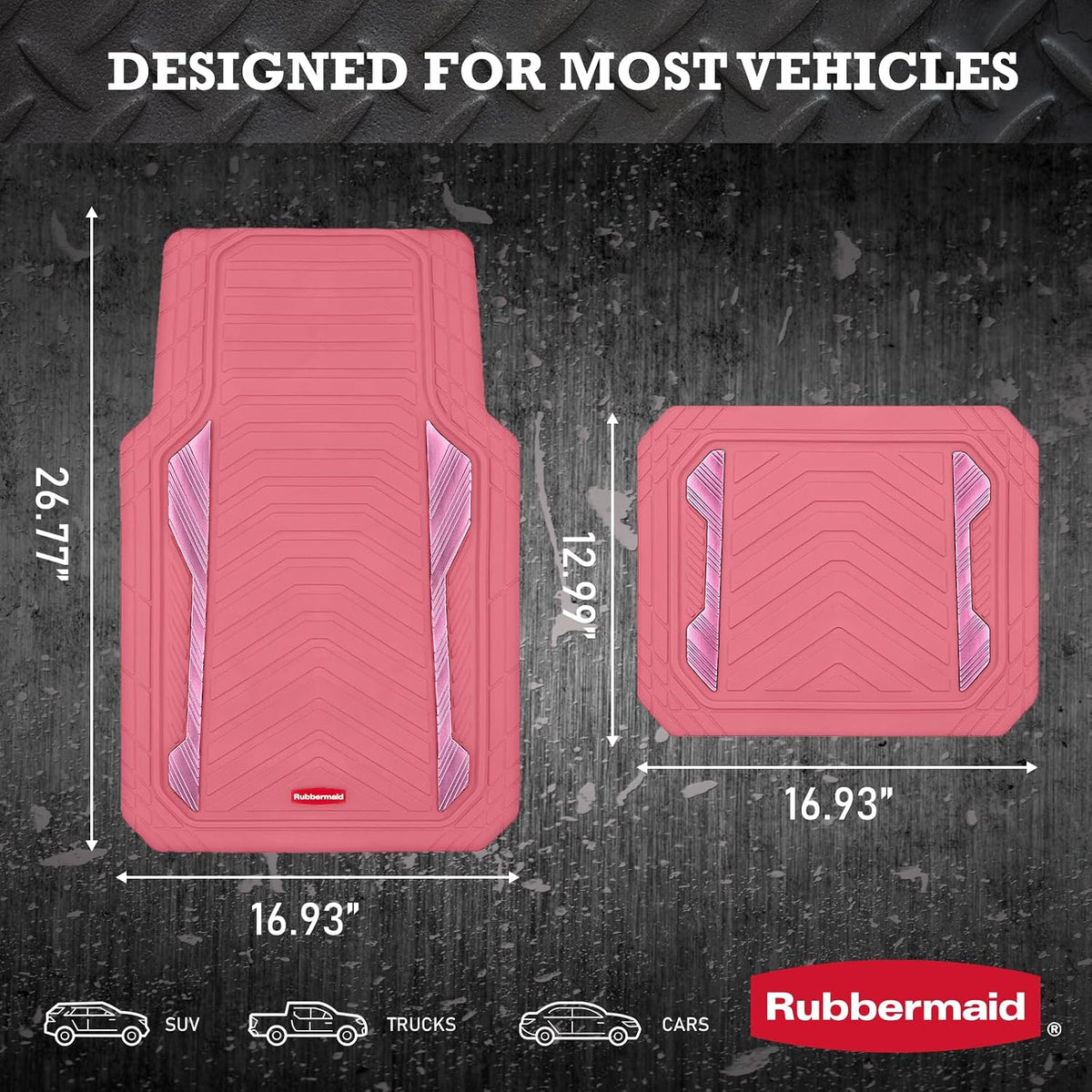 Rubbermaid Car Floor Mat, Heavy Duty All-Weather Car Mats Full Set with Dual-Tone Pink Aluminum Inserts – Universal Fit, Anti-Slip Backing, Trim-to-Fit for Most SUV, Sedan, Van