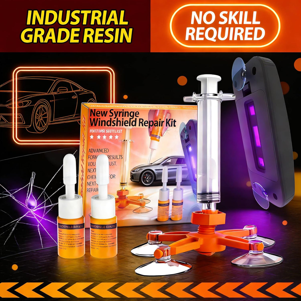 Windshield Repair Kit, Windshield Crack Repair Kit with Suction Cup Curing Light, 2 Pcs Car Glass Repair Kit Quick Fix for Chips & Cracks, Windshield Chip Repair Kit, Automotive Nano Fluid（Orange）