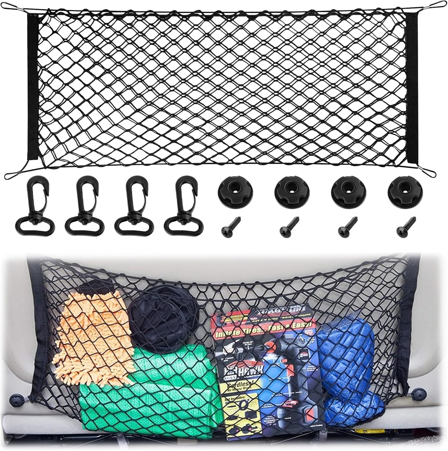 Cargo Net, Premium Dual-Layer Nylon Cargo Net for SUV, Automotive Exterior Accessories, Adjustable Elastic Trunk Net with Hook, Car Accessories for SUV, Truck, Pickup (35.4x15.7 Inch)