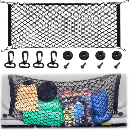 Cargo Net, Premium Dual-Layer Nylon Cargo Net for SUV, Automotive Exterior Accessories, Adjustable Elastic Trunk Net with Hook, Car Accessories for SUV, Truck, Pickup (35.4x15.7 Inch)