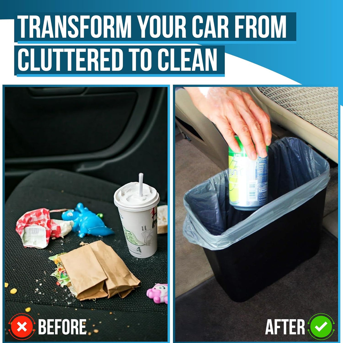 Car Trash Can for Car — 3-Gallon Leakproof Garbage Can with Floor Mat Clip & Bag Securement Band | Open-Top Vehicle Trash Bin for Drivers & Passengers | Fits SUV, Truck, Van, Sedan, MPV (Black)