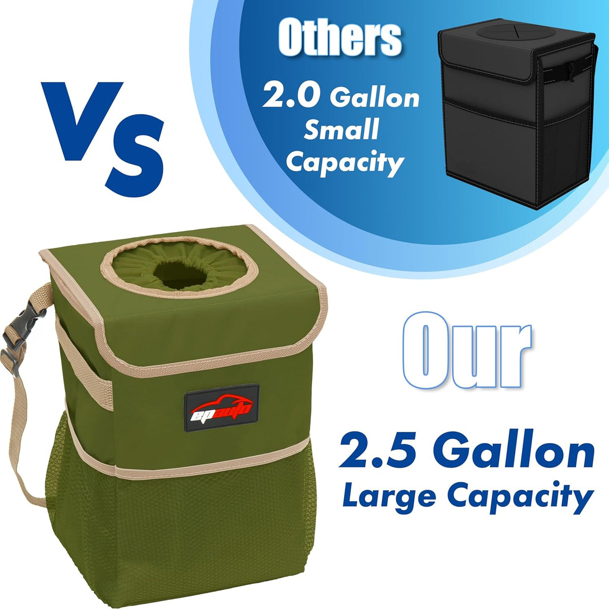 EPAuto Waterproof Car Trash Can with Lid and Storage Pockets, 2.5 Gallon, Black