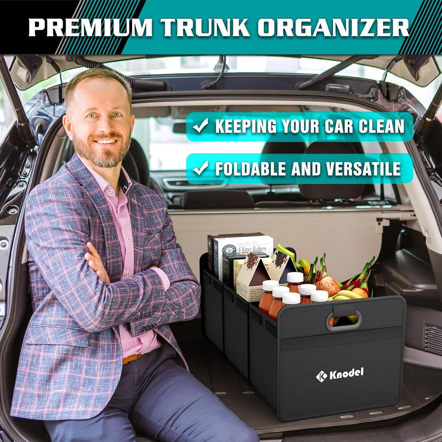 K KNODEL Car Trunk Organizer, Foldable Organizer for Car, Automotive Consoles & Organizers, Storage with Reinforced Handles (Medium, Black)
