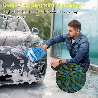 3 Pack Chenille Microfiber Car Wash Mitt, 7" x 9.6" Car Washing Mitts, Home Dusting Gloves, Scratch Free Lint-Free, Highly Absorbent, Double Sided, for Cleaning Detailing Polish (Green)