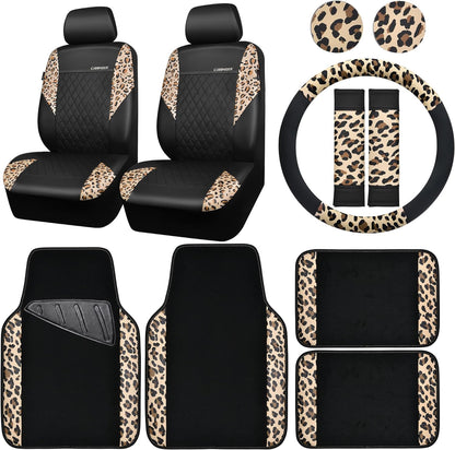 CAR PASS Waterproof Universal Car Floor Mats, Leopard Print Car Mats Fit for SUV,Vans,sedans, Trucks,Set of 4pcs Car Carpet with Driver Heel Pad and Nibs Backing, Leopard Car Accessories Gray Leopard