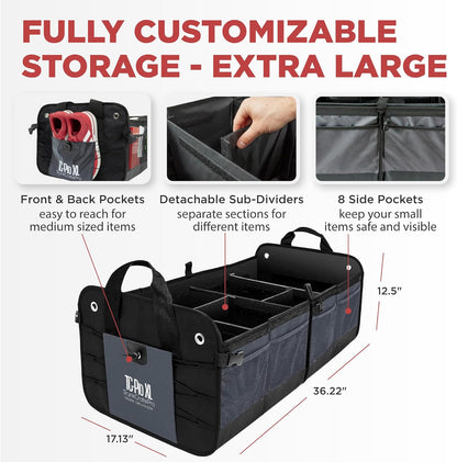 TRUNKCRATEPRO Trunk Organizer For Car, Suv, Truck | Premium Adjustable Multi Compartments Collapsible Car Trunk Organizer With Securing Straps & Non-Slip Bottom (Large Size, Black)