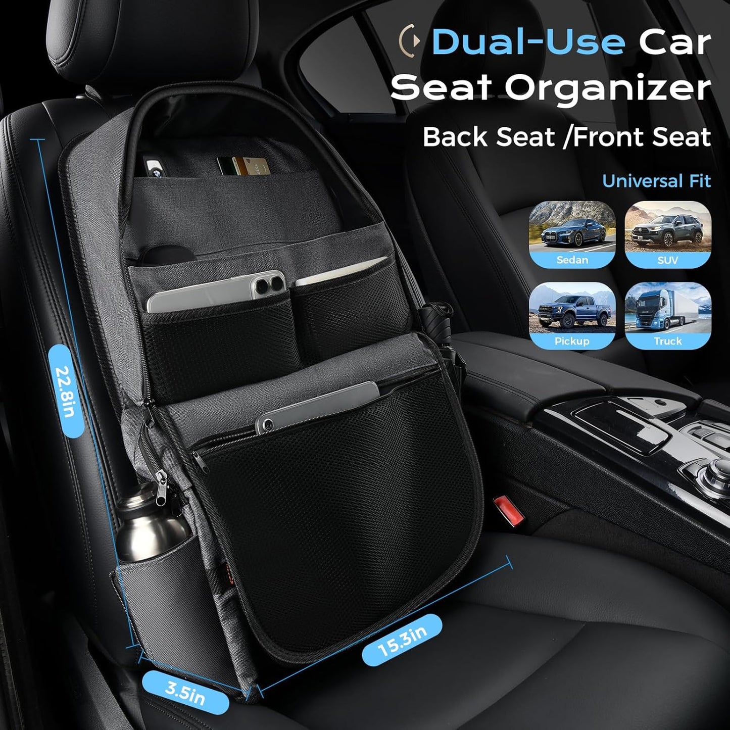 Coverado Car Backseat Organizer(2 Packs) with Tablet Tray, Nappa Leather Organizer for Car Seat Back, Waterproof Car Seat Organizer with Touch Screen, Seat Protector Kick Mats for Kids