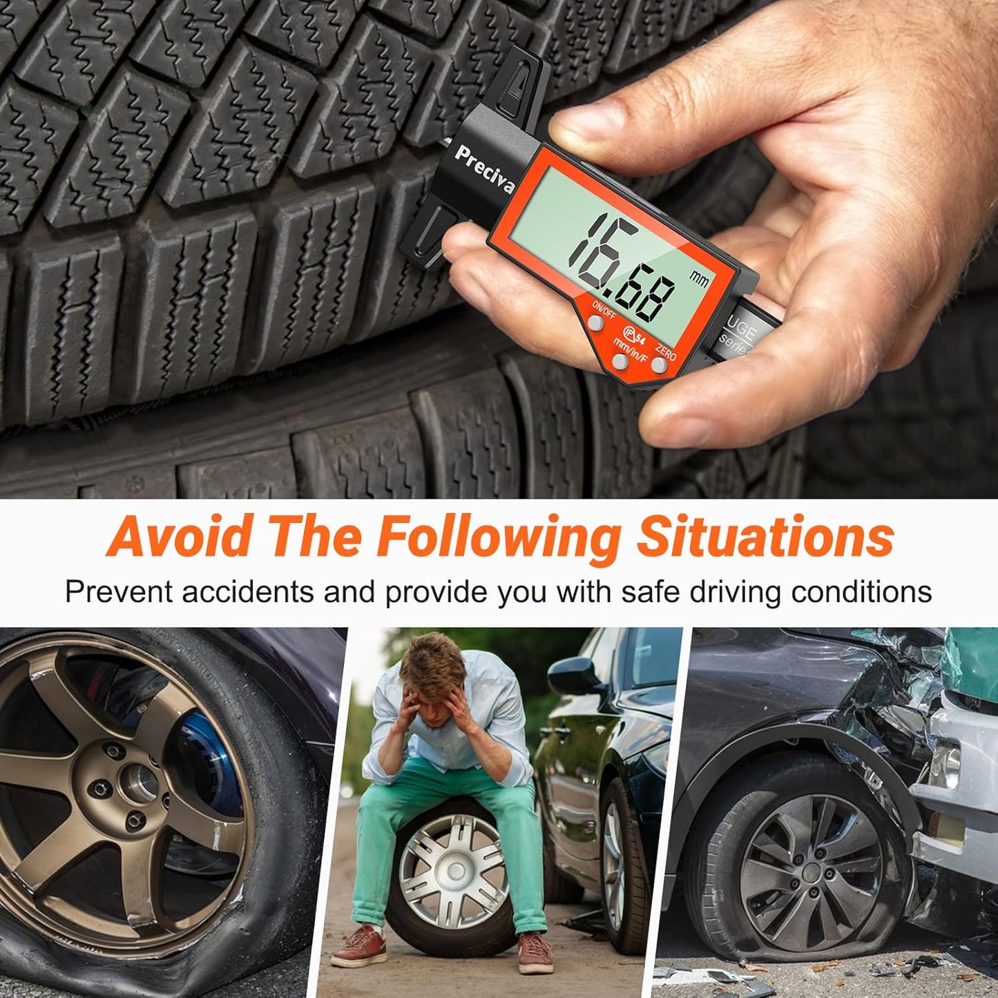 Preciva Tire Tread Depth Gauge, Digital Tire Depth Gauge with Large LCD Display and Inches, Millimeters, Fraction Conversion, Tread Depth Gauge Suitable for Thread Depth, Brake Shoe and Pad Wear