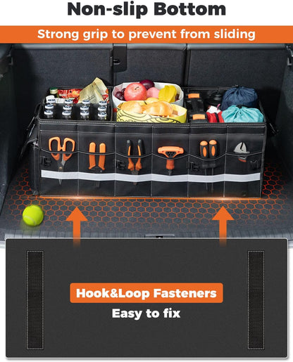 Oasser Car Trunk Organizer, 3 Compartments Collapsible Waterproof Car Organizer Storage with Foldable Cover, Reflective Strip, Non-Slip Bottom, 4 Mesh Pockets for SUV/Truck/Sedan/Camping/Road Trip
