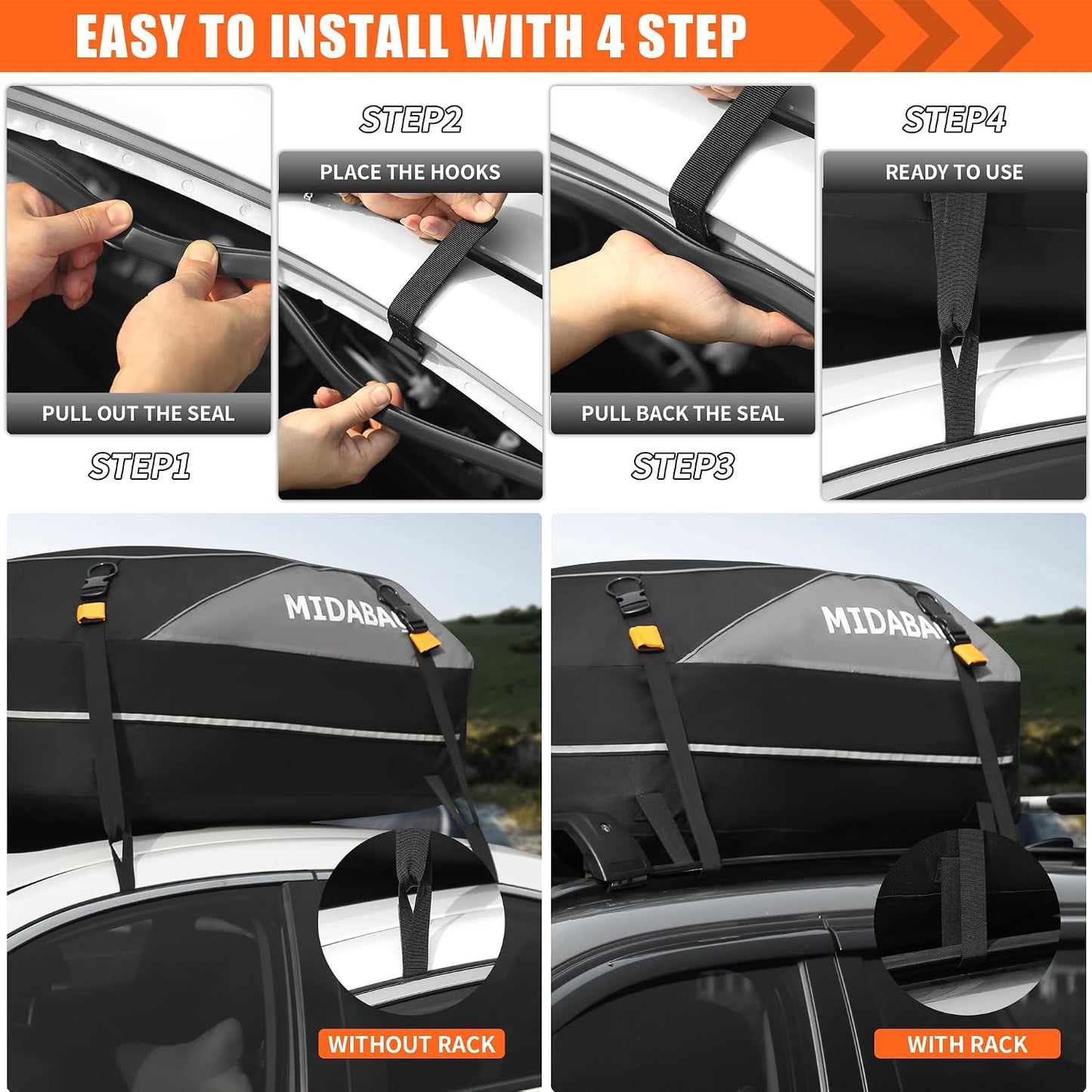 MIDABAO 20 Cubic Waterproof Duty Car Roof Top Carrier-Car Cargo Roof Top Bag, Waterproof & Coated Zippers includes Anti Slip Mat with or without Racks (20 Cubic Feet)