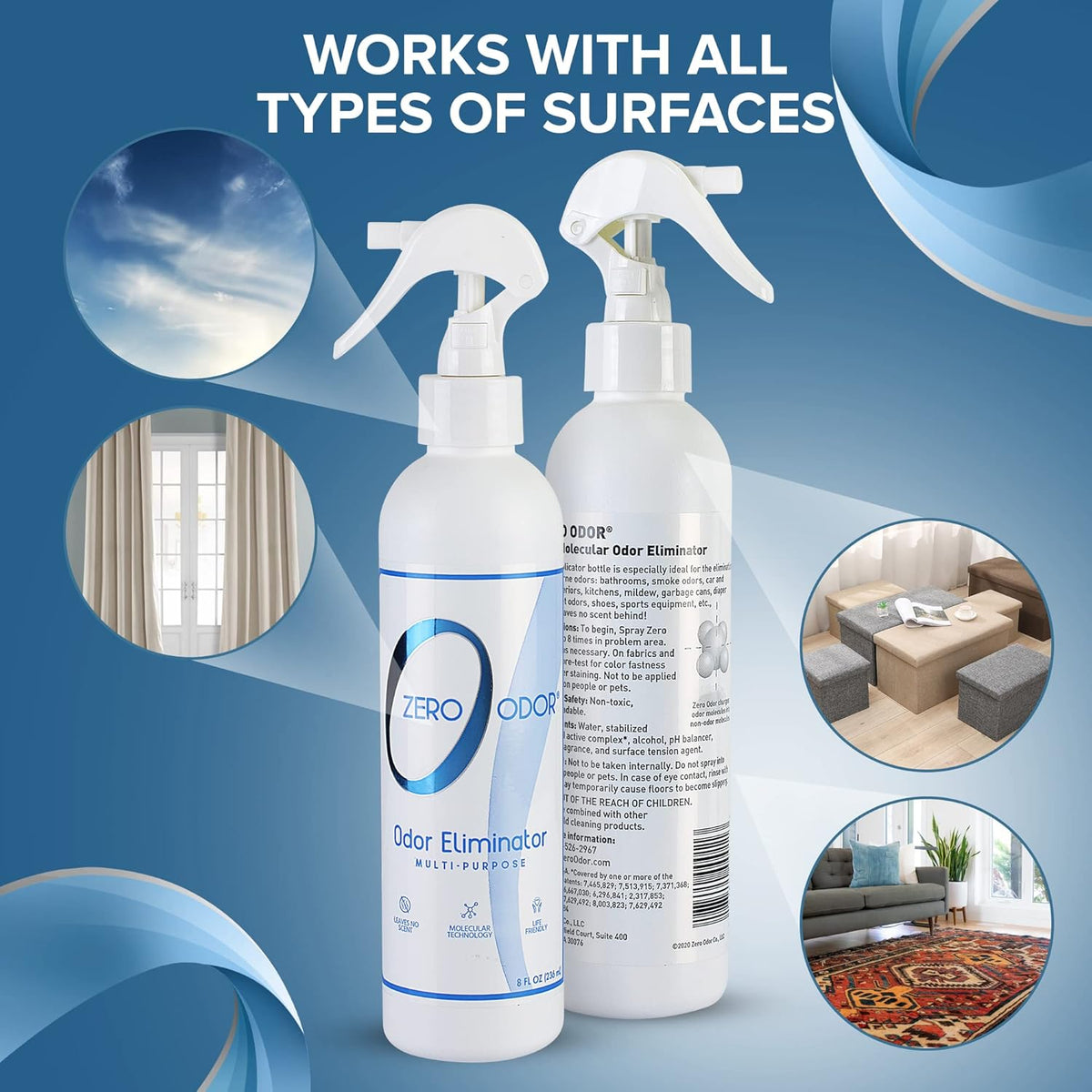 Zero Odor Multi-Purpose Odor Eliminator - Eliminate Air & Surface Odor – Patented Technology Best for Bathroom, Kitchen, Fabric, Closet- Smell Great Again, 8oz (Over 1000 Sprays)
