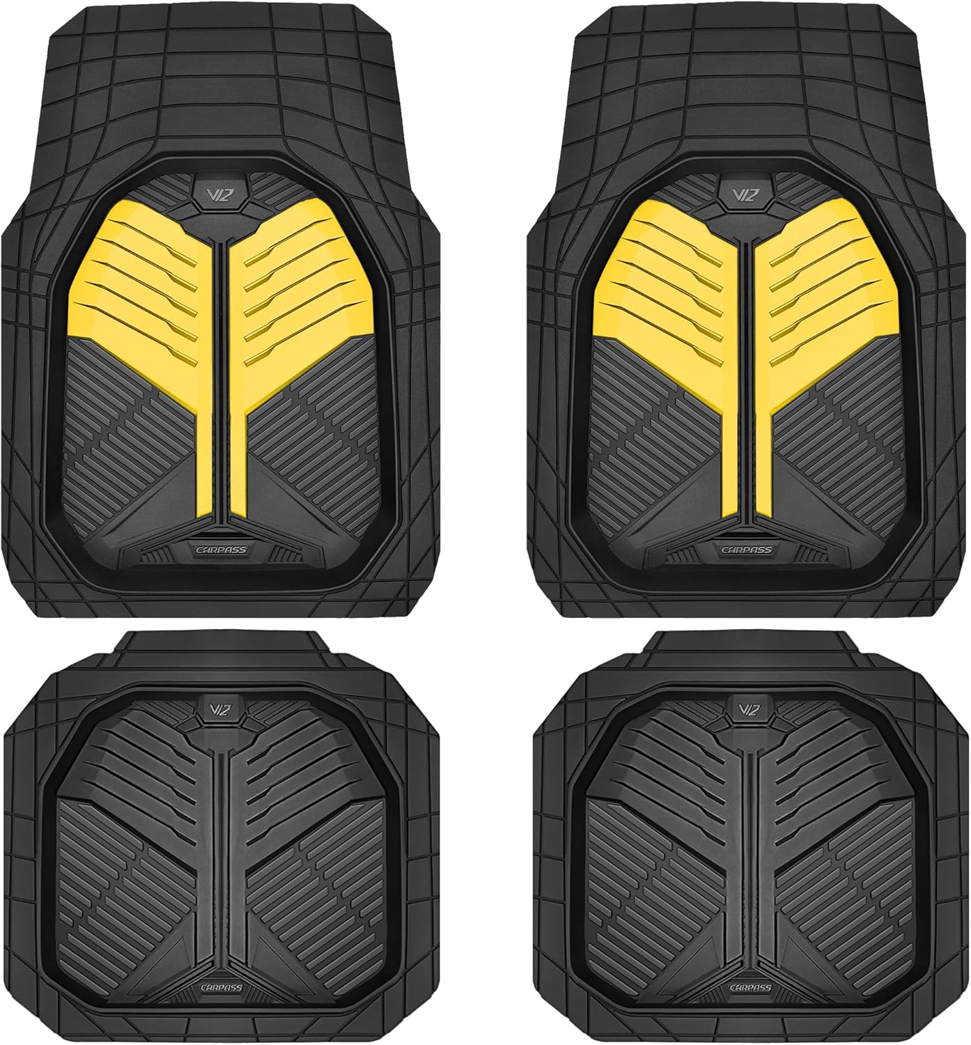 CAR PASS Heavy Duty Rubber Car Mats with Cargo Liner, Deep-Dish Car Floor Mats and Trunk Mat All Weather, Universal Trim-to-Fit for SUVs Trucks Sedans, Waterproof Anti-Slip, Trimmable V12 Black