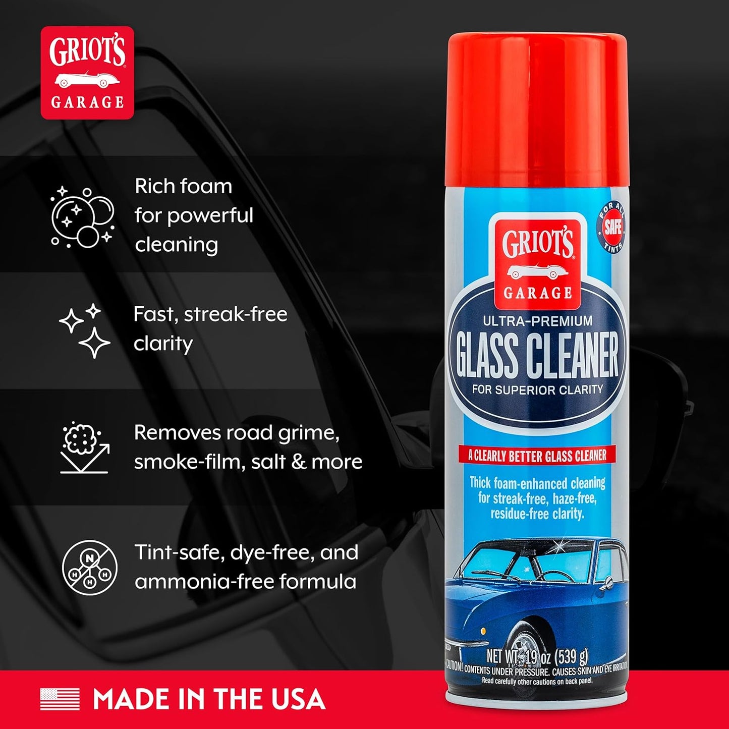 Griot's Garage Ultra-Premium Glass Cleaner, Foaming Aerosol Spray for Car Window, Windshield, Mirror, Tint Safe, Ammonia-Free Formula, 19 Oz, 10998