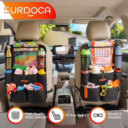 SURDOCA Upgraded Car Organizer with 11-inch Tablet Holder, 8 Pockets, Car Seat Protector for Road Trips - Car Storage and Organizers for Kids