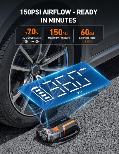 AstroAI S8 Air Jump Starter with Air Compressor, 3000A Peak Car Battery Jump Starter Portable (9.0 Gas/6.5L Diesel) with 150PSI Cordless Auto-Shutoff Tire Inflator, 12V Battery Charger Booster(Orange)