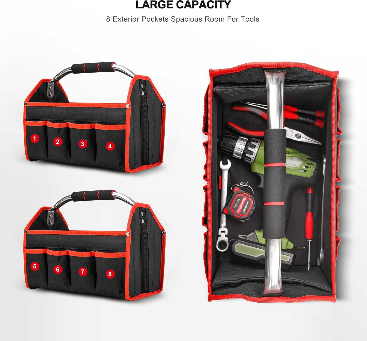 HAUTMEC 13 Inch Tool Bag, Foldable Open Top Tool Bag with Stiff Frame, Heavy-Duty Tool Tote with Padded Handle, Water-Resistant Base, Portable Tool Organizer for DIY & Jobsite Use – TB0001