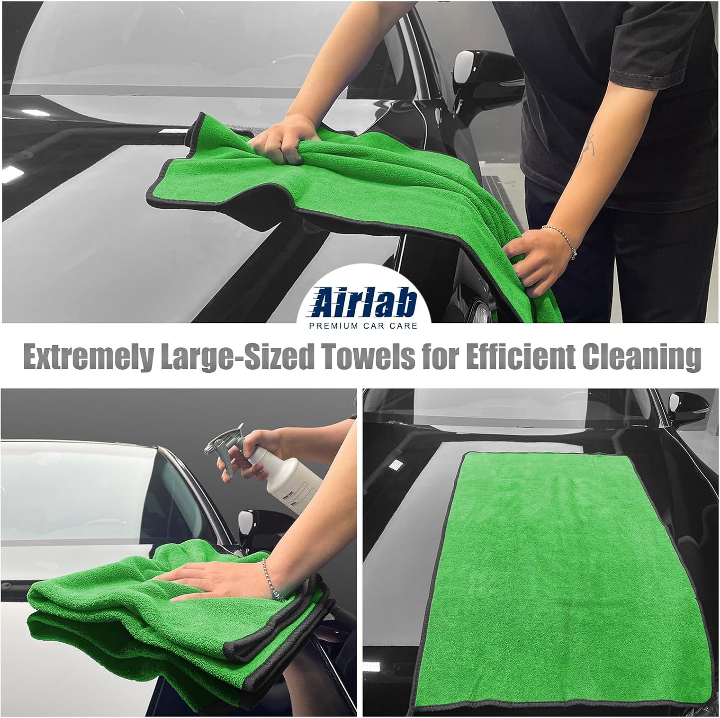 Airlab Microfiber Towels for Cars Wash Drying Thick Plush Cleaning Cloth Auto Detailing Super Absorbent for Interior & Exterior Lint Free, Streak Free, 16" X 16", 800 GSM, Pack of 4