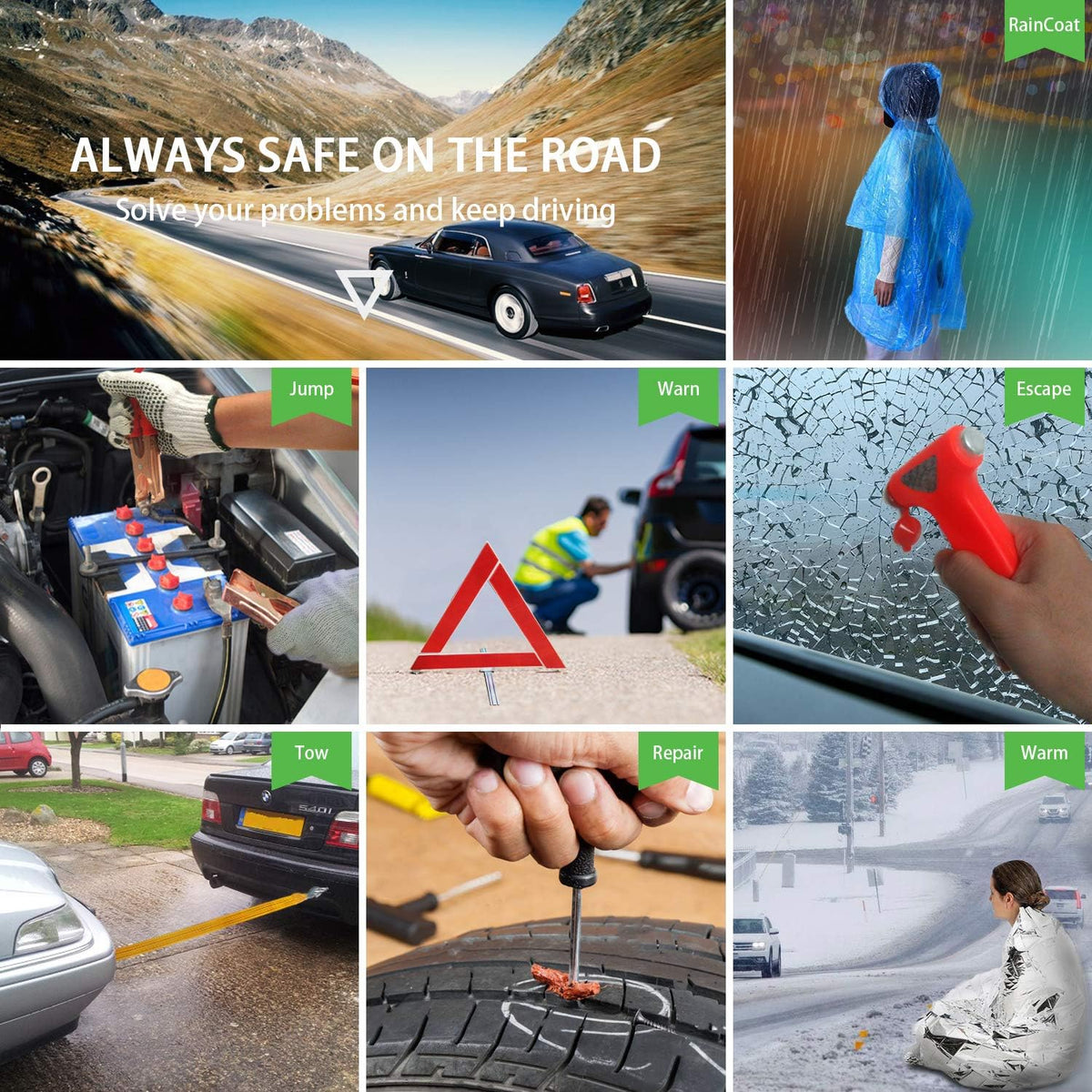 STDY Car Roadside Emergency Kit, Vehicle Truck Safety Road Side Assistance Kits Auto Accessory, with Jumper Cables, Tow Rope, Reflective Triangle, Tire Pressure Gauge, etc