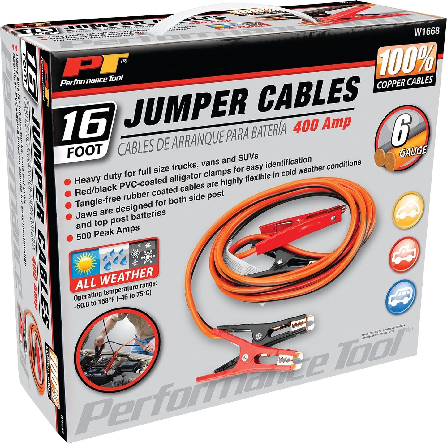 Performance Tool W1675 10ft 4GA Lighted Jumper Cables - Tangle-Free, Heavy Duty Clamps, Suitable for Trucks, SUVs, and Other Large Vehicles