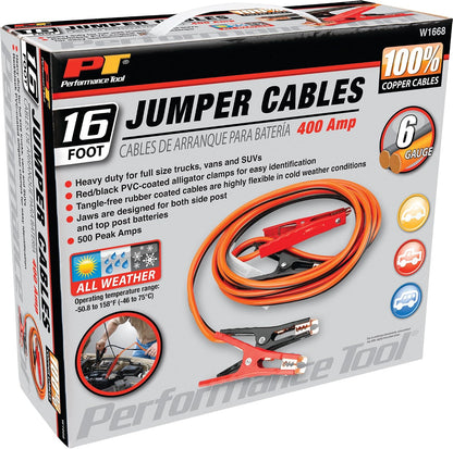Performance Tool W1675 10ft 4GA Lighted Jumper Cables - Tangle-Free, Heavy Duty Clamps, Suitable for Trucks, SUVs, and Other Large Vehicles