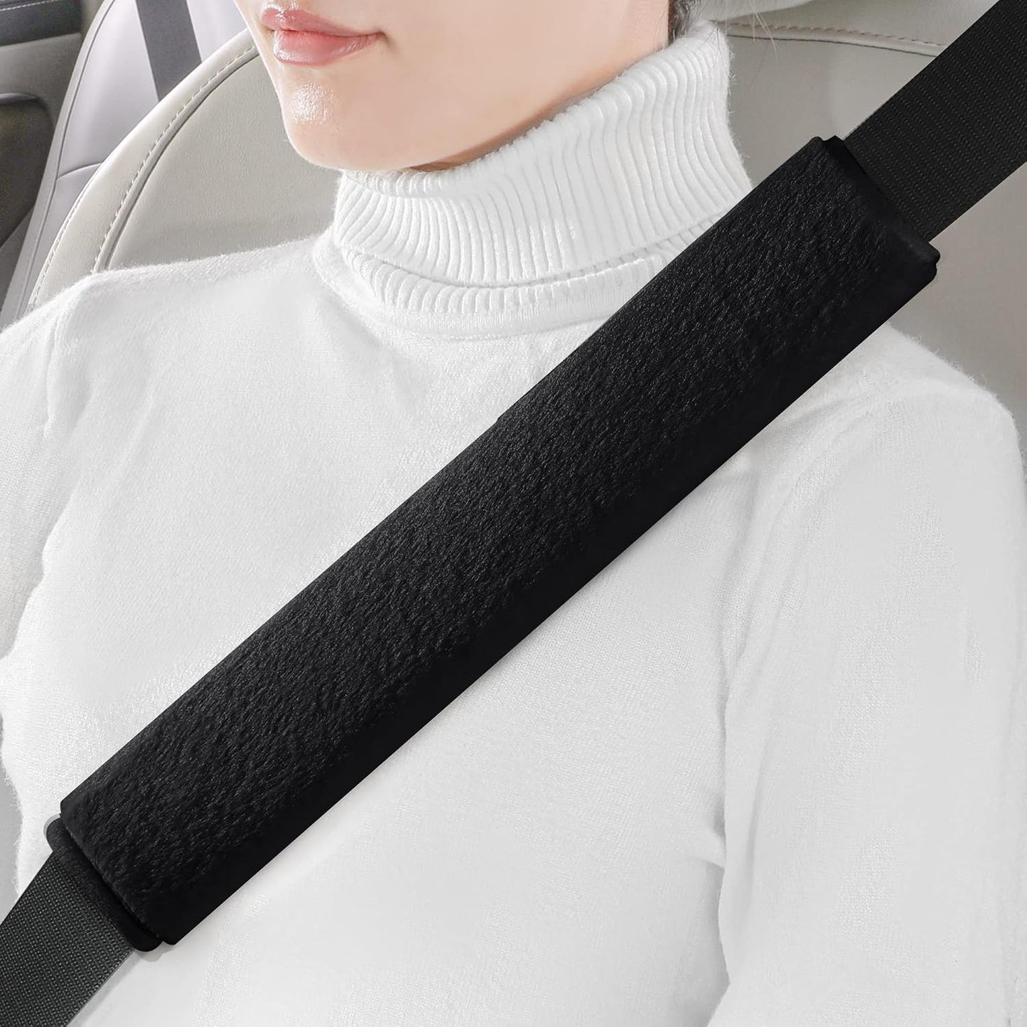 LACDL Extra Long Seatbelt Cover Super Soft Furry for Adults Kids Women & Men, Thick Plush Full Car Seat Belt Strap Cushion, Fluffy Shoulder Pad Protector, Auto Interior Accessories, 1pc, Black, 15.5in