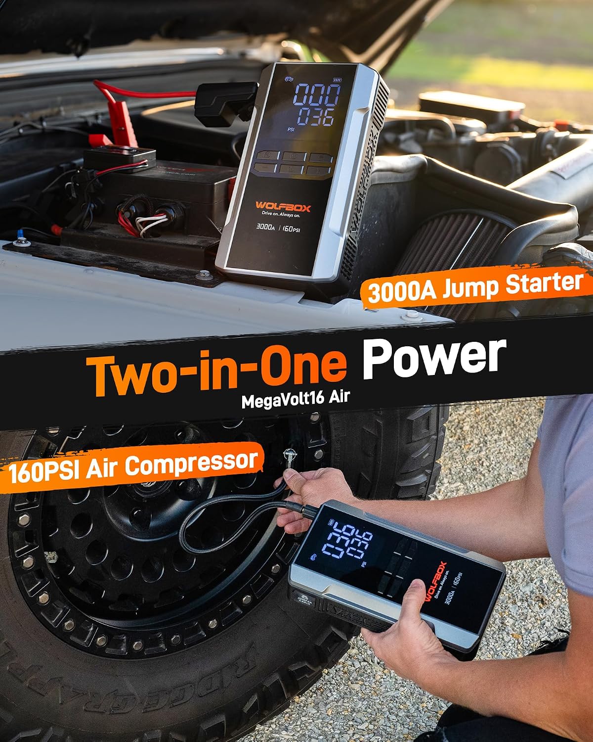 WOLFBOX MV16A 3000A Jump Starter with Air Compressor, 59.2Wh&160PSI Portable Car Battery Jump Starter with 65W Fast Charging, 12V Battery Pack (8L Gas 6L Diesel) with Boost, Light and Jumper Cables