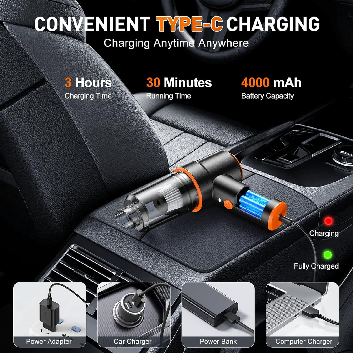 KMM Handheld Car Vacuum Cleaner, 9000Pa Vacuum Cleaner and Air Duster, 120W High Power Hand Held Vacuum with LED Light and Multi-Nozzles for Car, Home, Office, Pet