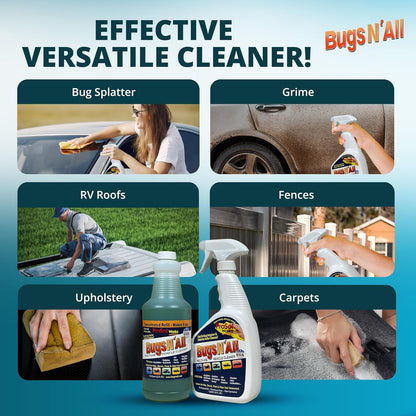Bugs N’ All Multipurpose Car Cleaner & Degreaser - Bug & Tar Remover Concentrate 4 oz - Exterior Cleaner Safe for Car Paint, Metal, Chrome, Aluminum, Windows & Mirrors - w/Free 32 oz Spray Bottle