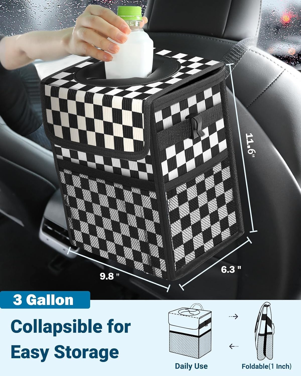 Capolo Car Trash Can with Lid, Leakproof Car Trash Bag Hanging Waterproof Automotive Garbage Can with Storage Pockets Mini Vehicle Trash Bin for Back/Front Seat(Black,2.5 Gallon)