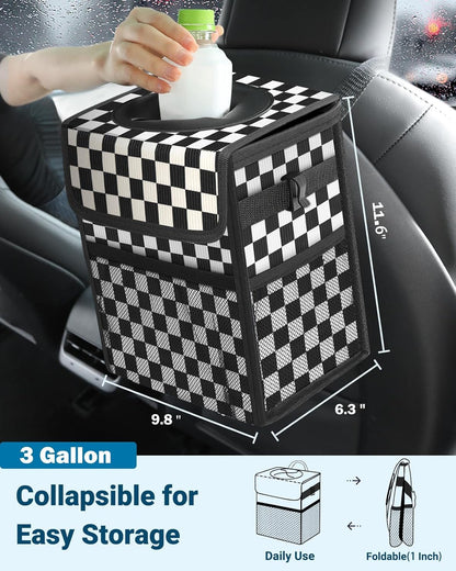 Capolo Car Trash Can with Lid, Leakproof Car Trash Bag Hanging Waterproof Automotive Garbage Can with Storage Pockets Mini Vehicle Trash Bin for Back/Front Seat(Black,2.5 Gallon)