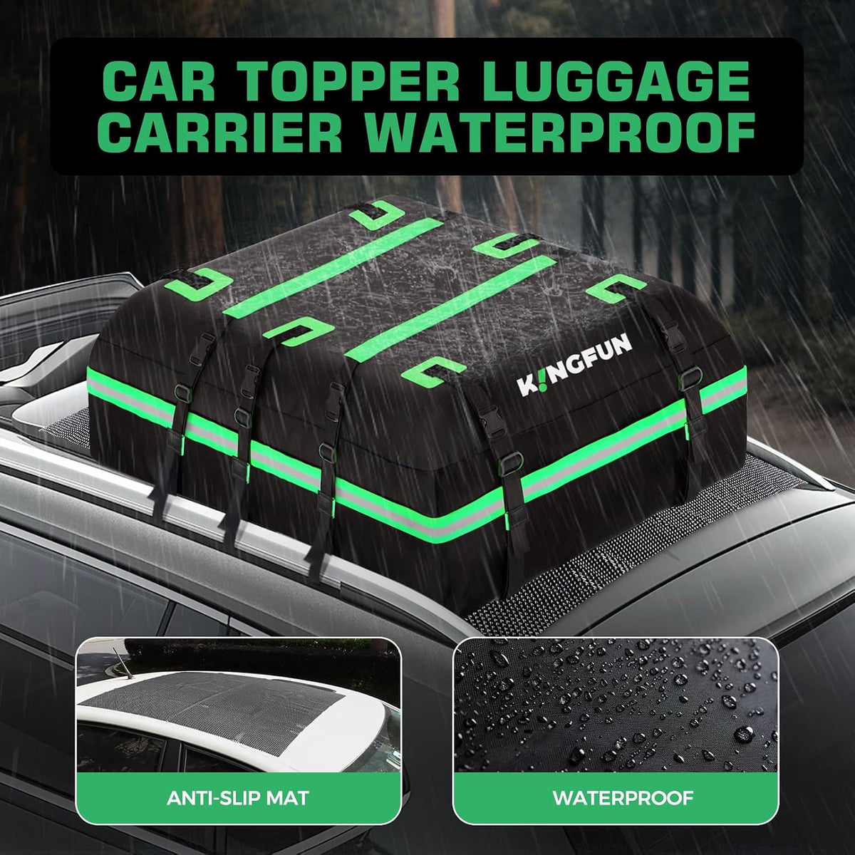 Kingfun Car Rooftop Cargo Carrier – Waterproof 20 Cubic Feet Car Roof Bag Fit All Vehicles with/Without Roof Racks, Includes Anti-Slip Mat, 8 Reinforced Straps & 6 Door Hooks, Luggage Locks（Black）