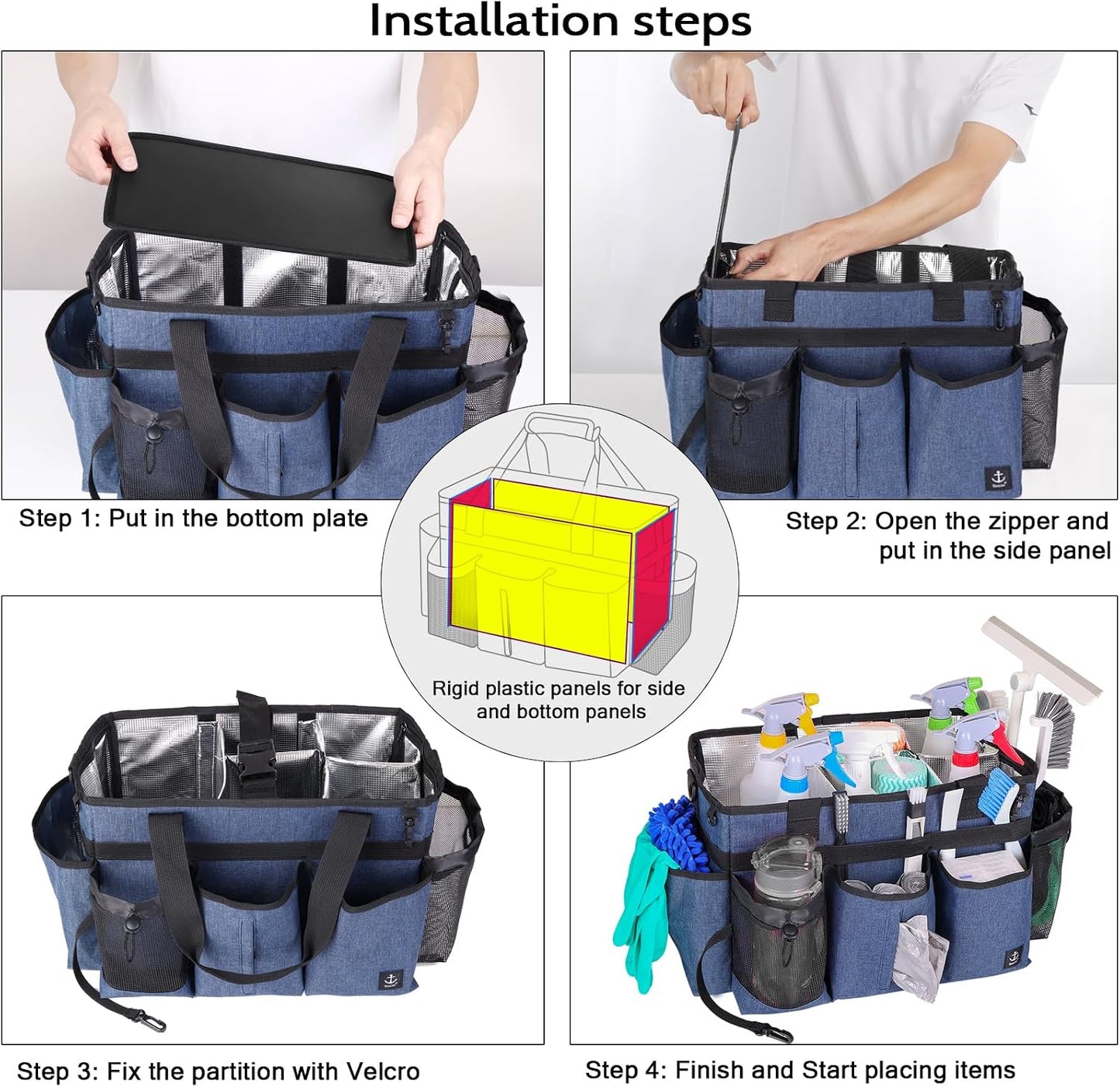 Large Cleaning Caddy Bag Built-in Sturdy Support Board, Cleaning Organizer with Detachable Divider, Cleaning Supply Tote with Adjustable Shoulder Strap&Waist Belt for Cleaners & Housekeeper