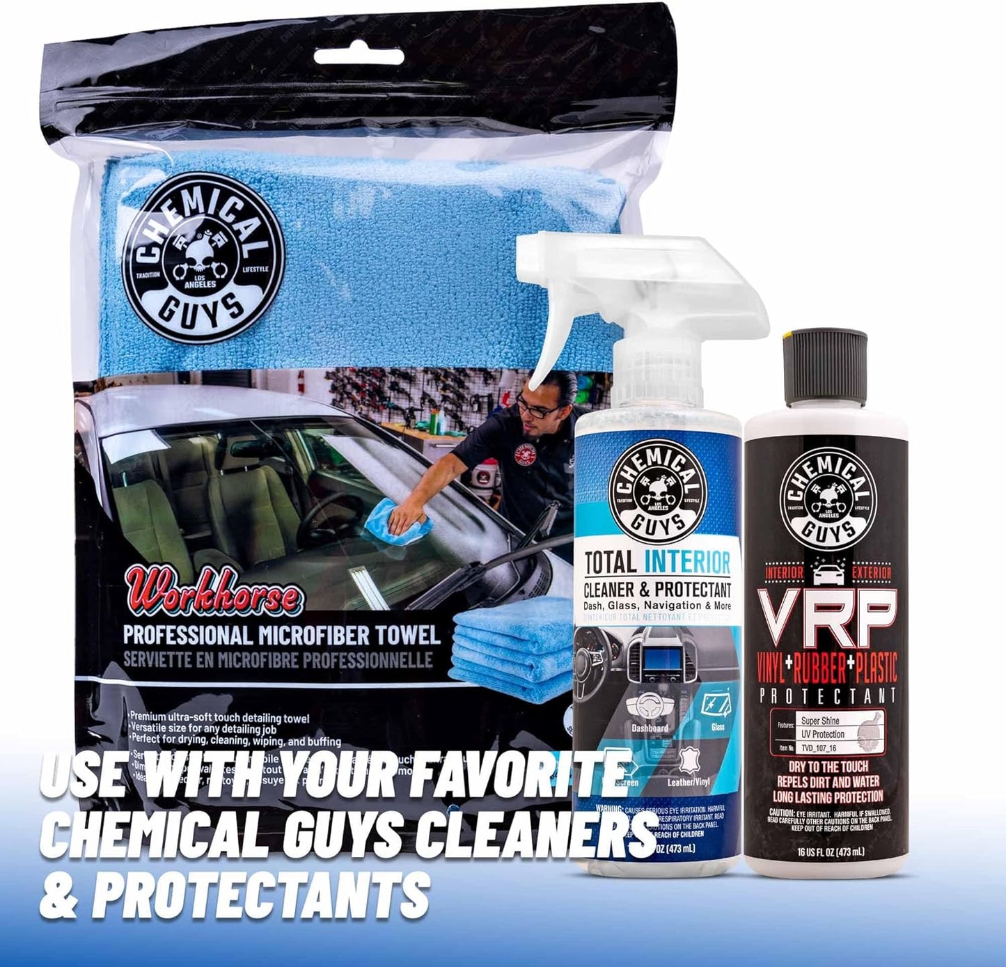 Chemical Guys Workhorse Professional Grade Microfiber Towels for Cars - Black 16x16 Inch Microfiber Cleaning Cloths for Home & Pet Drying, Soft & Scratch-Free, Washing, Drying & Cleaning, 3 Pack