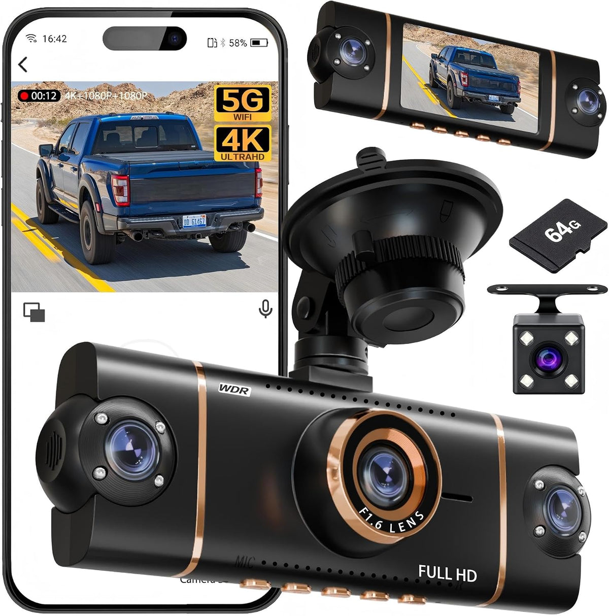 4K+1080P*3 FHD Car Camera, 4 Channel 360° Dash Cam Front Rear Inside & Left Right, 5GHz WiFi & App Control, 24H Parking Mode, G-Sensor, 8 IR Lamps Night Vision, Loop Recording, Includes 64GB SD Card