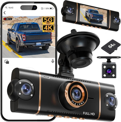 4K+1080P*3 FHD Car Camera, 4 Channel 360° Dash Cam Front Rear Inside & Left Right, 5GHz WiFi & App Control, 24H Parking Mode, G-Sensor, 8 IR Lamps Night Vision, Loop Recording, Includes 64GB SD Card