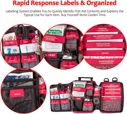 First Aid Kit with Rapid-Response Labeled Compartments, Compact Waterproof Emergency Kit with Molle Straps for Car, Camping, Home, Hiking, Travel