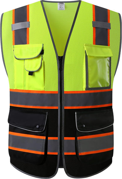 JKSafety 9 Pockets Class 2 High Visibility Zipper Front Safety Vest With Reflective Strips,Meets ANSI/ISEA Standard (Large, 150-Yellow) - Colors B