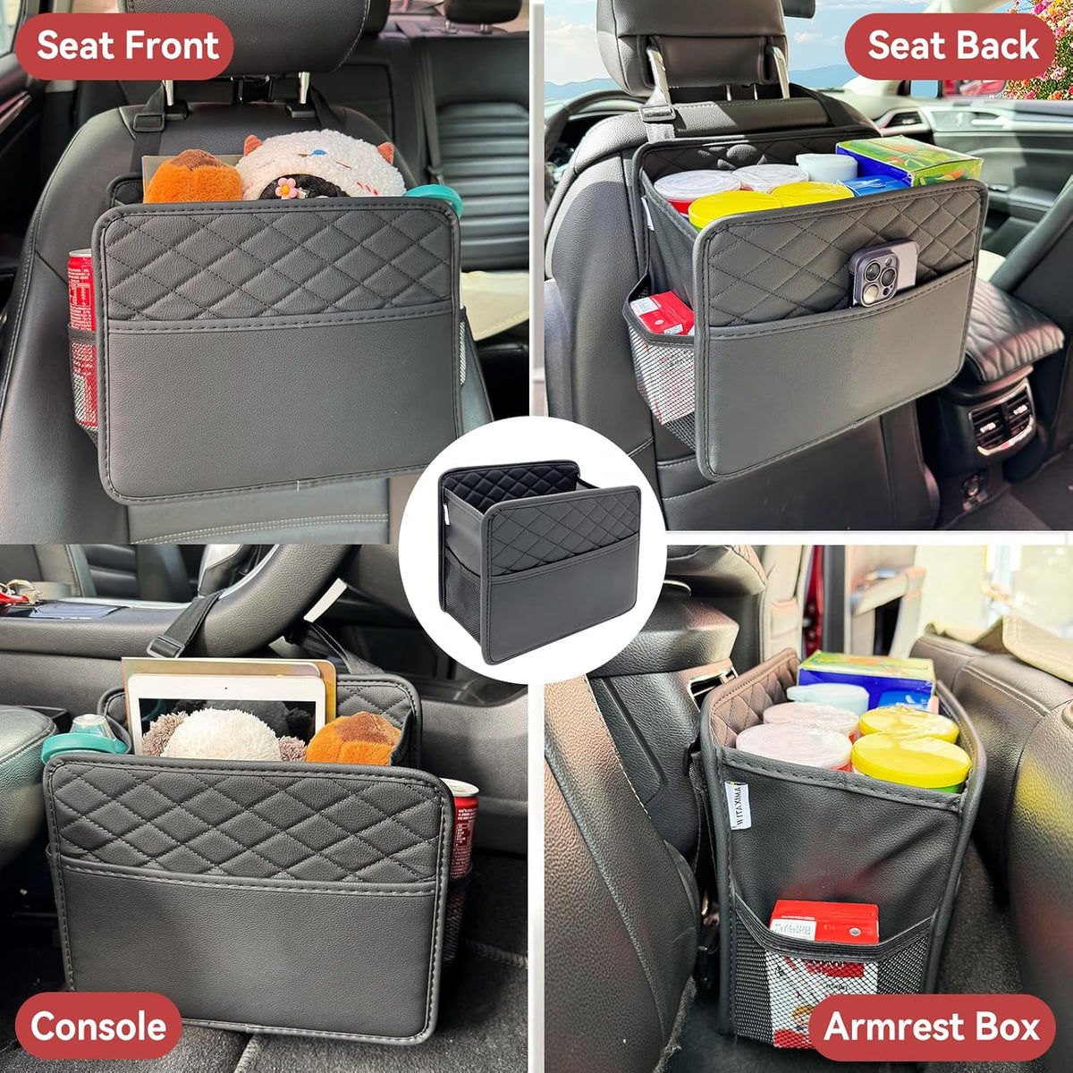 Witaxima Upgrade Car Seat Organizer Backseat with Storage Pockets, Multipurpose Car Organizer Hanging, Car Trash Bag Can,Premium PU Leather Garbage Can 2.14 Gallon Large Capacity, Black.