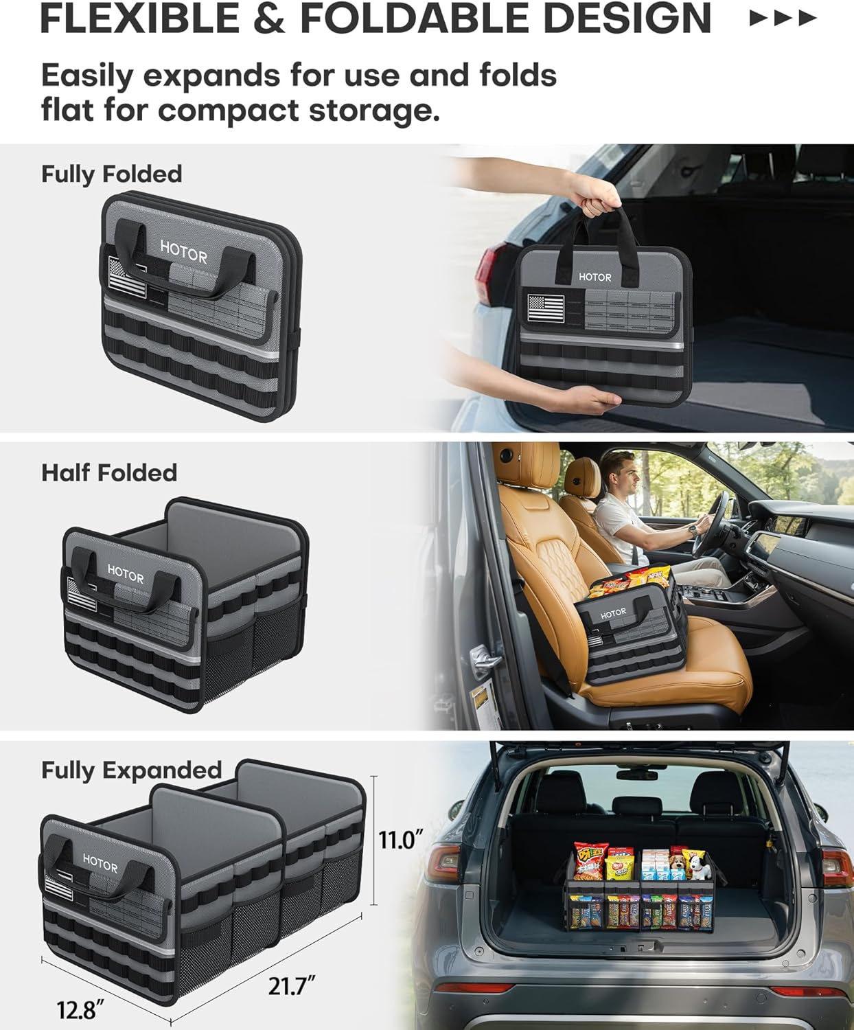 HOTOR Tactical Car Trunk Organizer - Foldable Trunk Organizer for SUV with Front MOLLE Pocket & Reflective Strips, Essential Car Accessories for Tools & Outdoor Storage, 12.8" x 21.7" x 11.0", Black