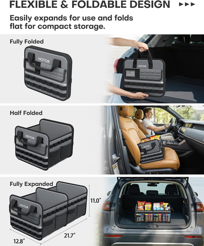HOTOR Tactical Car Trunk Organizer - Foldable Trunk Organizer for SUV with Front MOLLE Pocket & Reflective Strips, Essential Car Accessories for Tools & Outdoor Storage, 12.8" x 21.7" x 11.0", Black