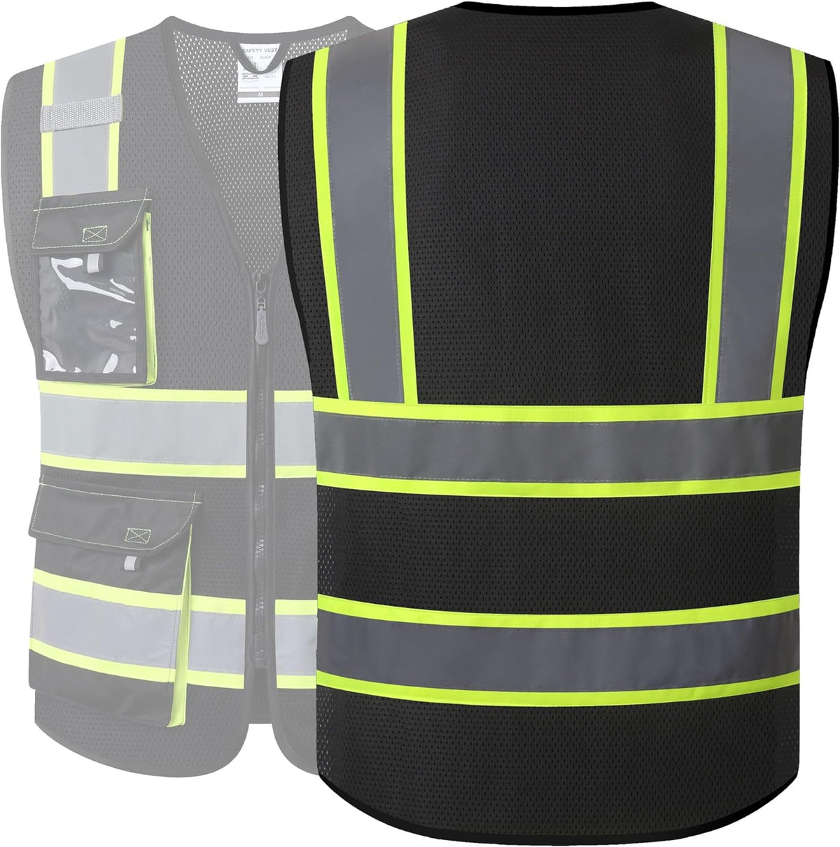 JKSafety Hi Vis Reflective Safety Vests for Men Women High Visibility Vest with Pockets Mesh Fabric Construction Safety Apparel Neon Vest for Work (220-Black L)