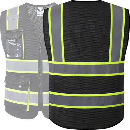 JKSafety Hi Vis Reflective Safety Vests for Men Women High Visibility Vest with Pockets Mesh Fabric Construction Safety Apparel Neon Vest for Work (220-Black L)